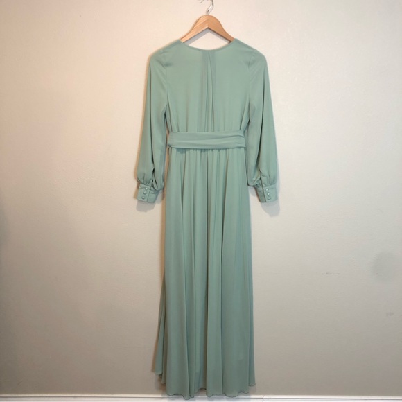 Jessakae Maxi Long Sleeve Chiffon Surplice Neck Gown in Seafoam Green Size Small - Picture 3 of 8